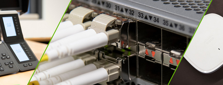 dreigeteiltes Bild: Telefon, Kabel an Steckplätzen, Wlan-Router und Smartphone