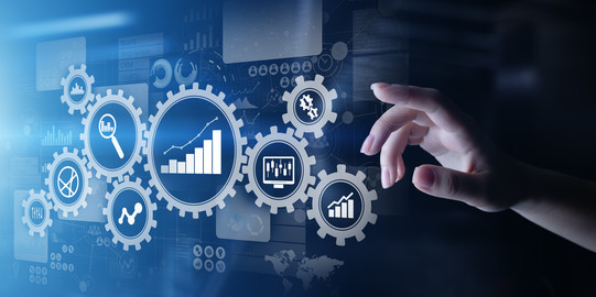 Big Data analysis, Business process analytics diagrams with gears and icons on virtual screen.